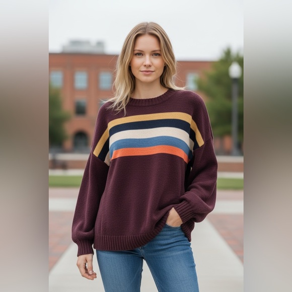 American Eagle Outfitters Sweaters - AMERICAN EAGLE OUTFITTERS Striped Chenille Sweater XS/S 25” p2p Maroon Multi